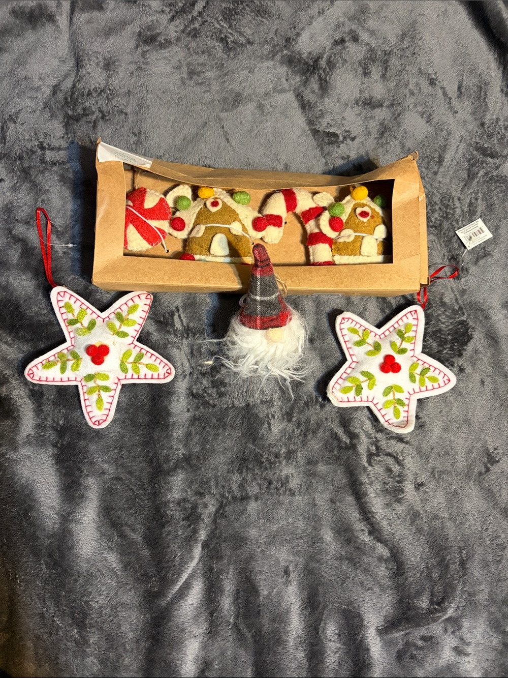 Holiday Felt Gnome & Star Ornaments Set - Neutral/Red/Green. Plus, 6 ft. Garland